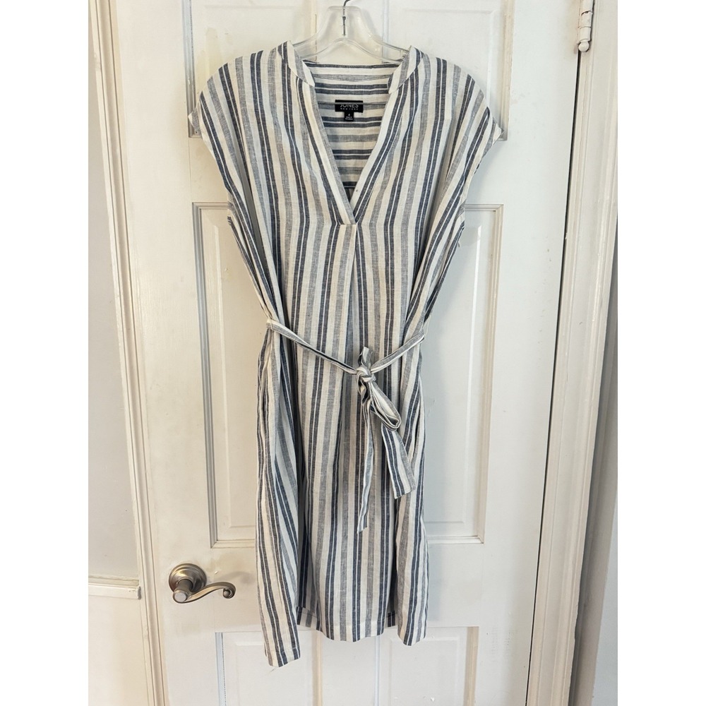 💙Jones New York Blue White Linen Rayon Dress Size‎ 4 Knee Length Cap Sleeves